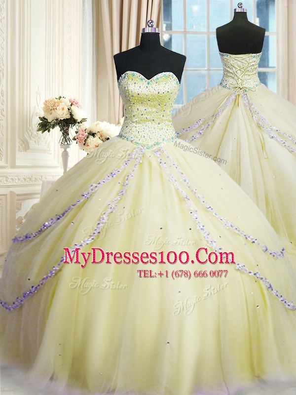 Beading and Appliques Sweet 16 Quinceanera Dress Light Yellow Lace Up Sleeveless With Train Court Train