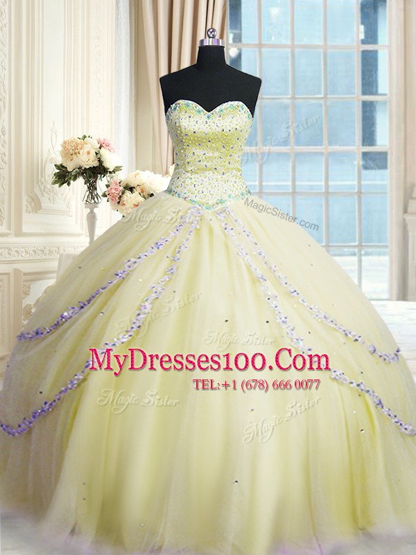 Beading and Appliques Sweet 16 Quinceanera Dress Light Yellow Lace Up Sleeveless With Train Court Train