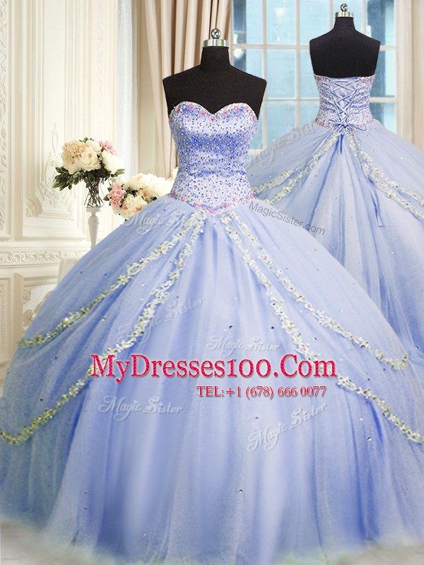 With Train Zipper 15 Quinceanera Dress Lavender for Military Ball and Sweet 16 and Quinceanera with Beading and Appliques Brush Train