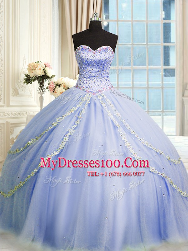 With Train Zipper 15 Quinceanera Dress Lavender for Military Ball and Sweet 16 and Quinceanera with Beading and Appliques Brush Train