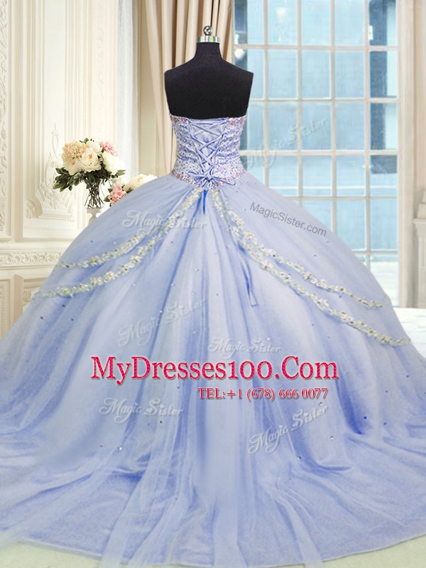 With Train Zipper 15 Quinceanera Dress Lavender for Military Ball and Sweet 16 and Quinceanera with Beading and Appliques Brush Train