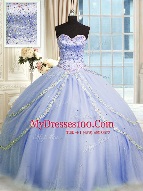 With Train Zipper 15 Quinceanera Dress Lavender for Military Ball and Sweet 16 and Quinceanera with Beading and Appliques Brush Train