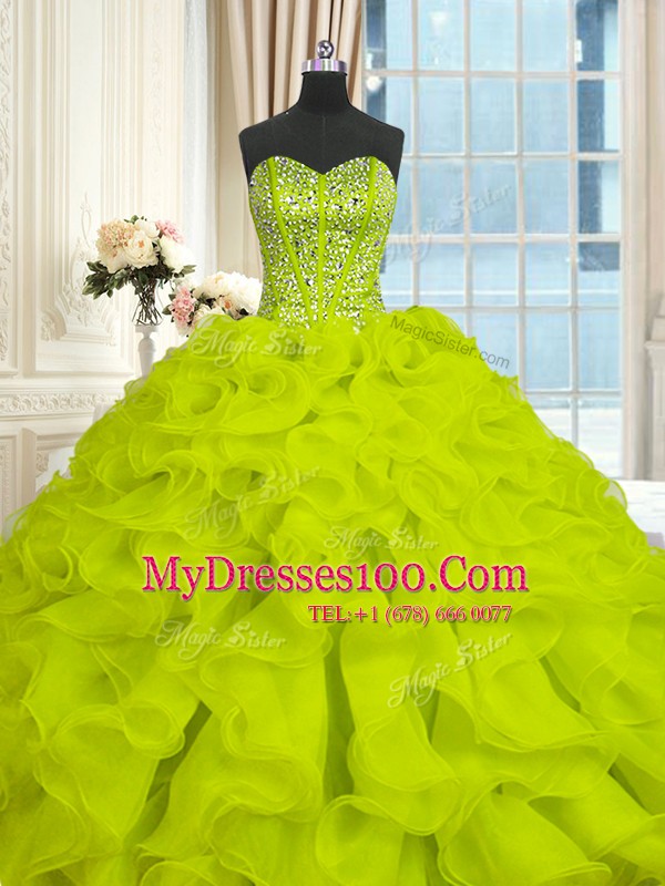 Shining Yellow Green Lace Up Ball Gown Prom Dress Beading and Ruffles Sleeveless With Brush Train