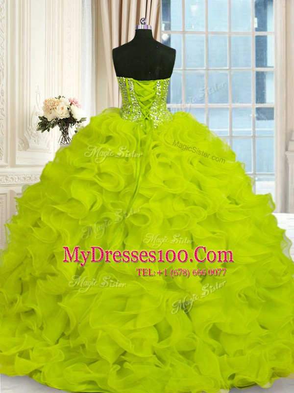 Shining Yellow Green Lace Up Ball Gown Prom Dress Beading and Ruffles Sleeveless With Brush Train