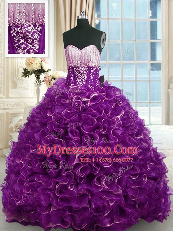 Purple Sweet 16 Quinceanera Dress Military Ball and Sweet 16 and Quinceanera and For with Beading and Ruffles Sweetheart Sleeveless Brush Train Lace Up