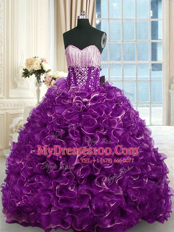 Purple Sweet 16 Quinceanera Dress Military Ball and Sweet 16 and Quinceanera and For with Beading and Ruffles Sweetheart Sleeveless Brush Train Lace Up