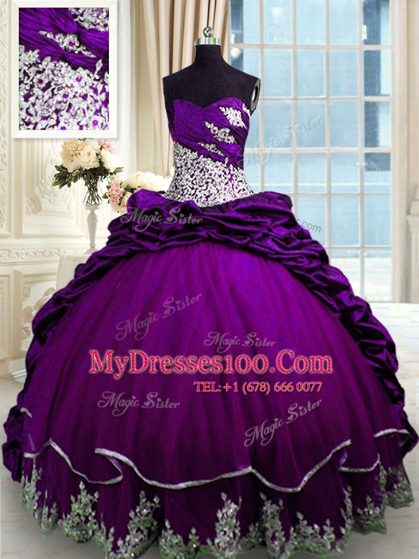 Luxurious Purple Sleeveless Brush Train Beading and Appliques and Pick Ups With Train Quinceanera Gowns