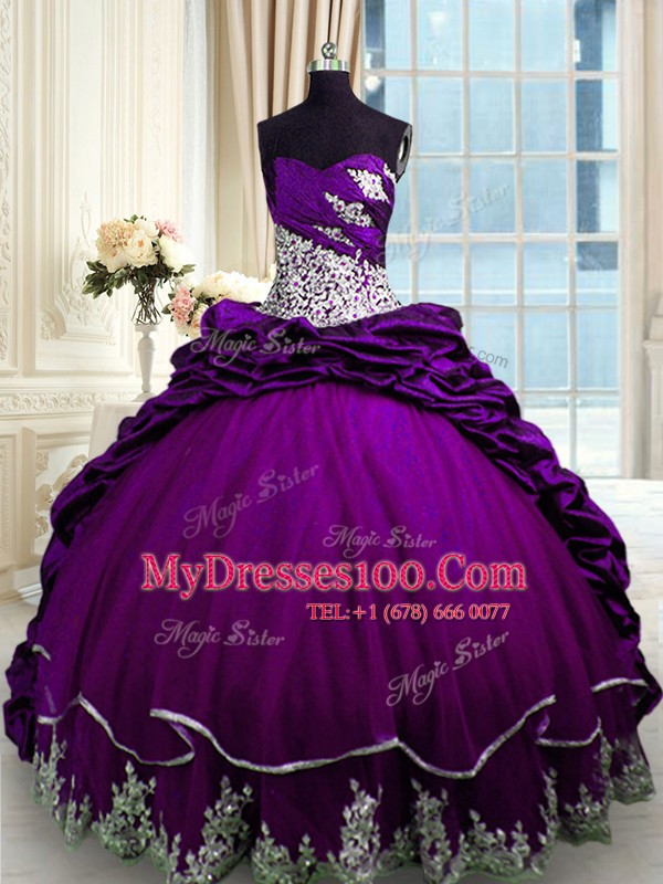Luxurious Purple Sleeveless Brush Train Beading and Appliques and Pick Ups With Train Quinceanera Gowns