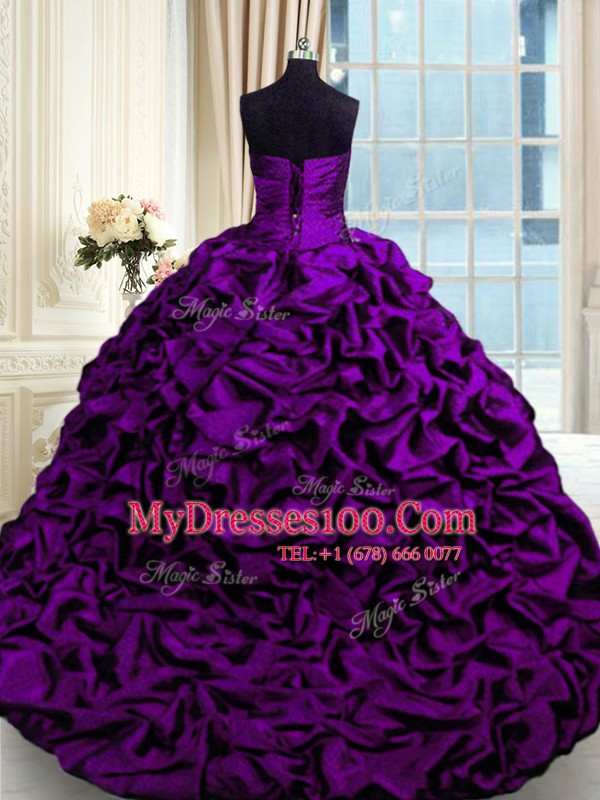Luxurious Purple Sleeveless Brush Train Beading and Appliques and Pick Ups With Train Quinceanera Gowns