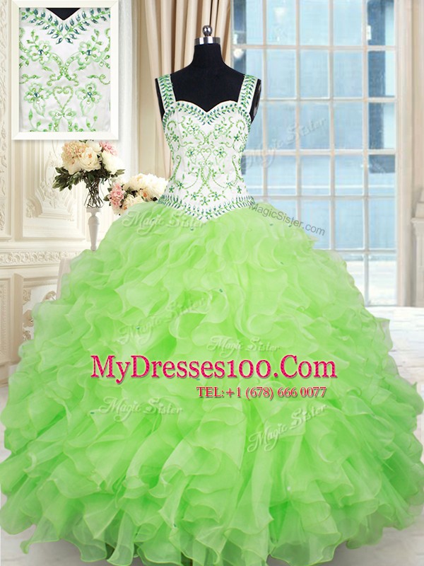 Yellow Green Sleeveless Organza Lace Up Quince Ball Gowns for Military Ball and Sweet 16 and Quinceanera