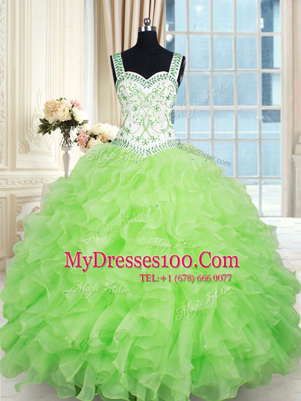 Yellow Green Sleeveless Organza Lace Up Quince Ball Gowns for Military Ball and Sweet 16 and Quinceanera