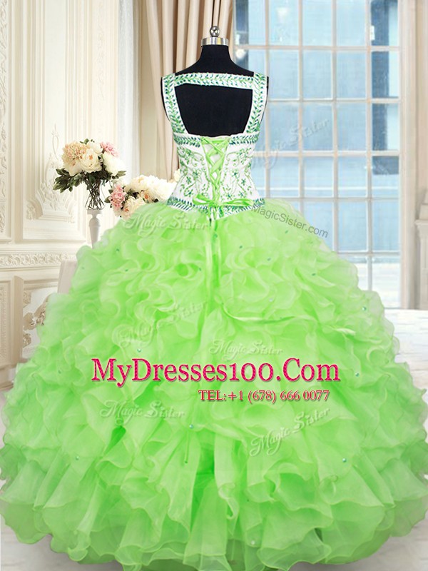 Yellow Green Sleeveless Organza Lace Up Quince Ball Gowns for Military Ball and Sweet 16 and Quinceanera