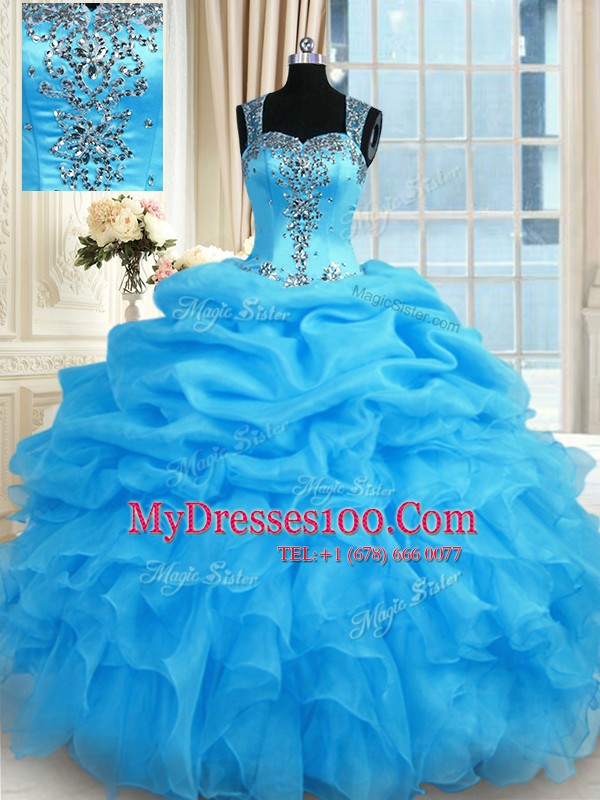 Baby Blue Sleeveless Floor Length Beading Zipper Sweet 16 Dress