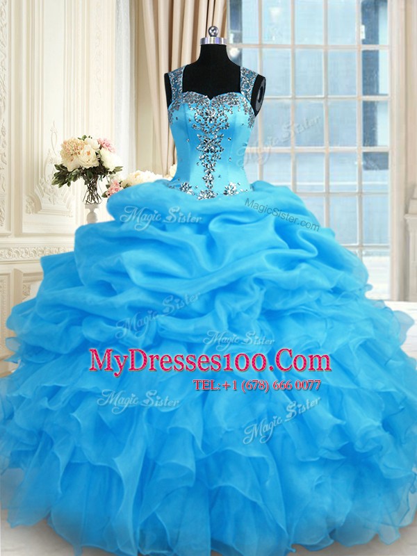 Baby Blue Sleeveless Floor Length Beading Zipper Sweet 16 Dress