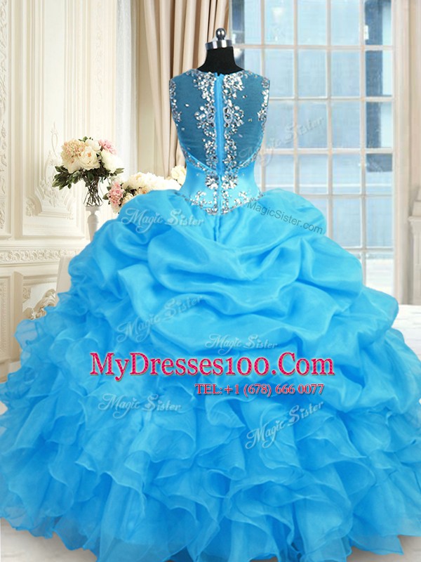 Baby Blue Sleeveless Floor Length Beading Zipper Sweet 16 Dress