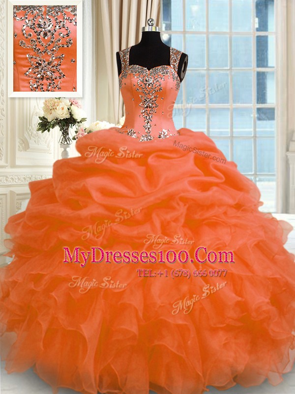 Orange Red Sleeveless Organza Zipper 15 Quinceanera Dress for Military Ball and Sweet 16 and Quinceanera