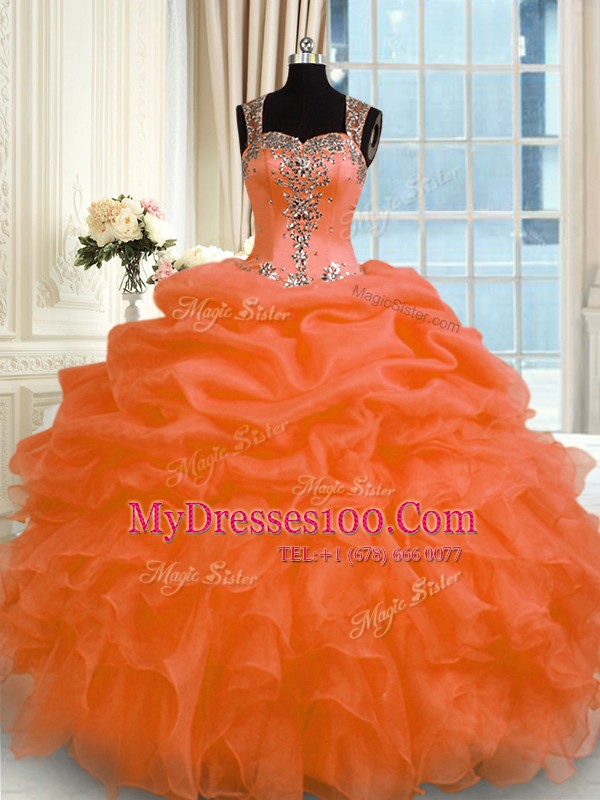 Orange Red Sleeveless Organza Zipper 15 Quinceanera Dress for Military Ball and Sweet 16 and Quinceanera