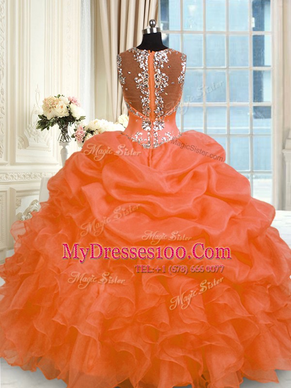 Orange Red Sleeveless Organza Zipper 15 Quinceanera Dress for Military Ball and Sweet 16 and Quinceanera
