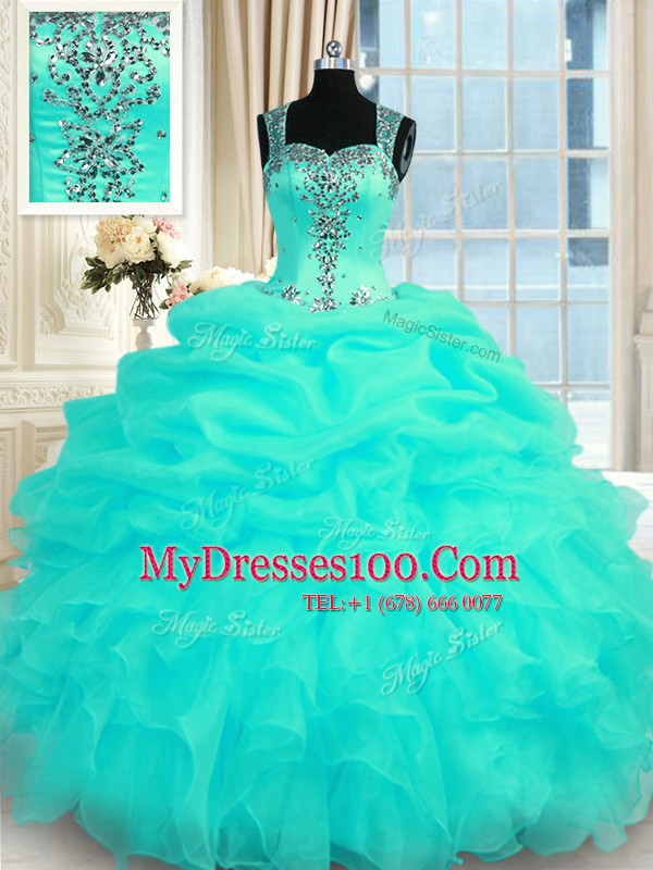 High End Floor Length Zipper Quinceanera Dresses Turquoise for Military Ball and Sweet 16 and Quinceanera with Beading and Ruffles