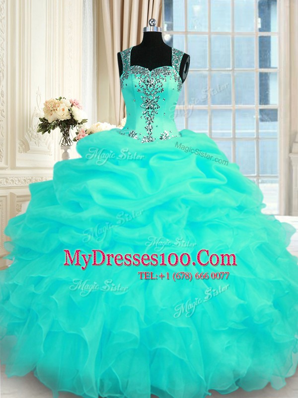 High End Floor Length Zipper Quinceanera Dresses Turquoise for Military Ball and Sweet 16 and Quinceanera with Beading and Ruffles