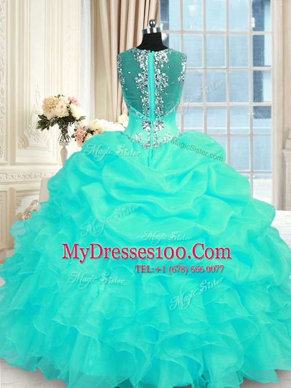 High End Floor Length Zipper Quinceanera Dresses Turquoise for Military Ball and Sweet 16 and Quinceanera with Beading and Ruffles