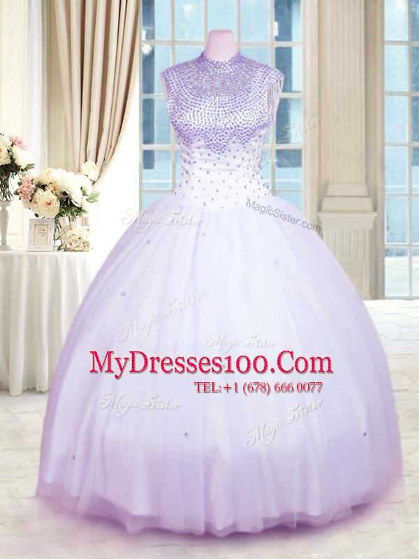 Dynamic Lavender Tulle Zipper High-neck Sleeveless Floor Length Quinceanera Gown Beading