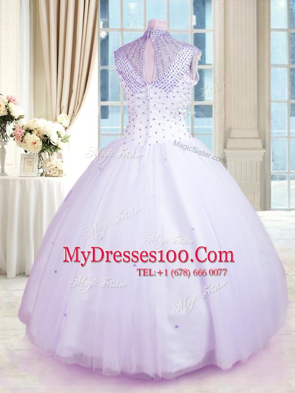 Dynamic Lavender Tulle Zipper High-neck Sleeveless Floor Length Quinceanera Gown Beading