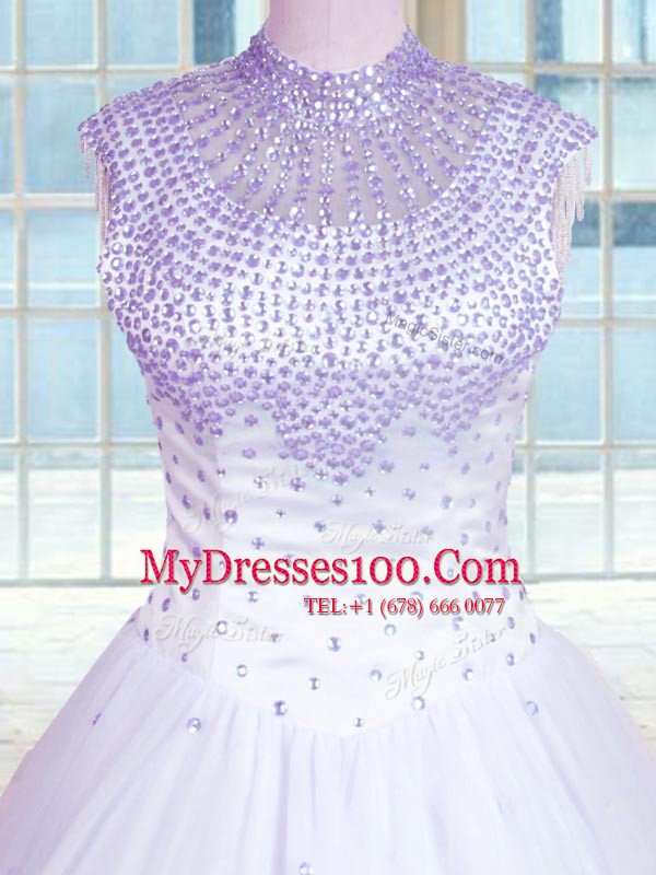 Dynamic Lavender Tulle Zipper High-neck Sleeveless Floor Length Quinceanera Gown Beading