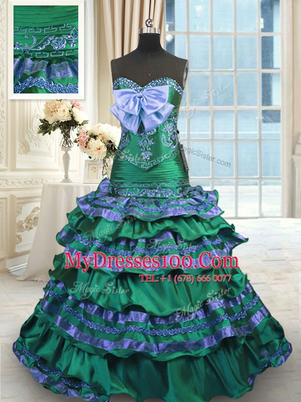 Beauteous Dark Green A-line Appliques and Embroidery and Ruffled Layers and Bowknot 15 Quinceanera Dress Lace Up Taffeta Sleeveless