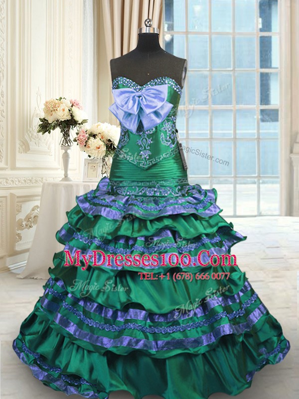 Beauteous Dark Green A-line Appliques and Embroidery and Ruffled Layers and Bowknot 15 Quinceanera Dress Lace Up Taffeta Sleeveless