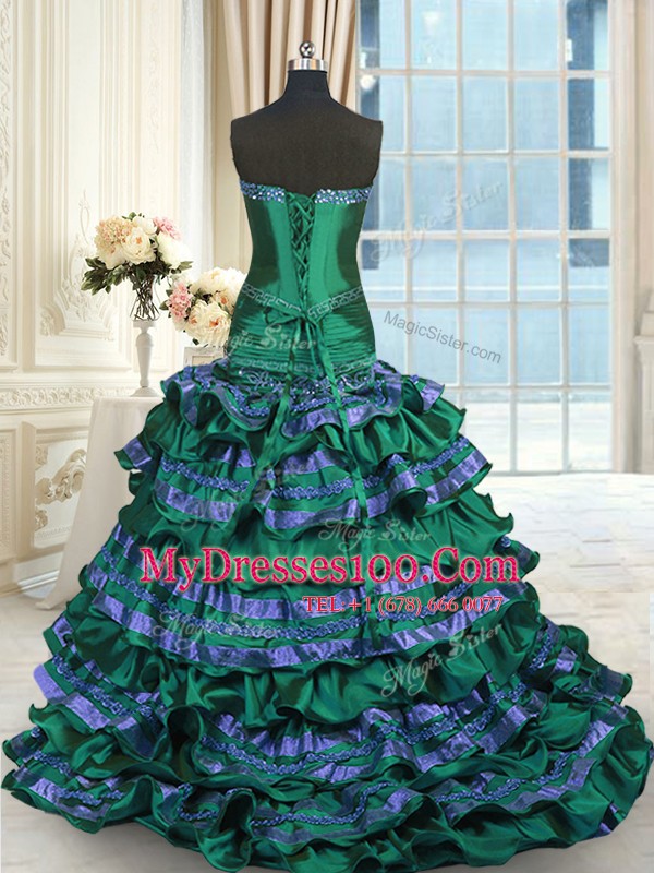 Beauteous Dark Green A-line Appliques and Embroidery and Ruffled Layers and Bowknot 15 Quinceanera Dress Lace Up Taffeta Sleeveless