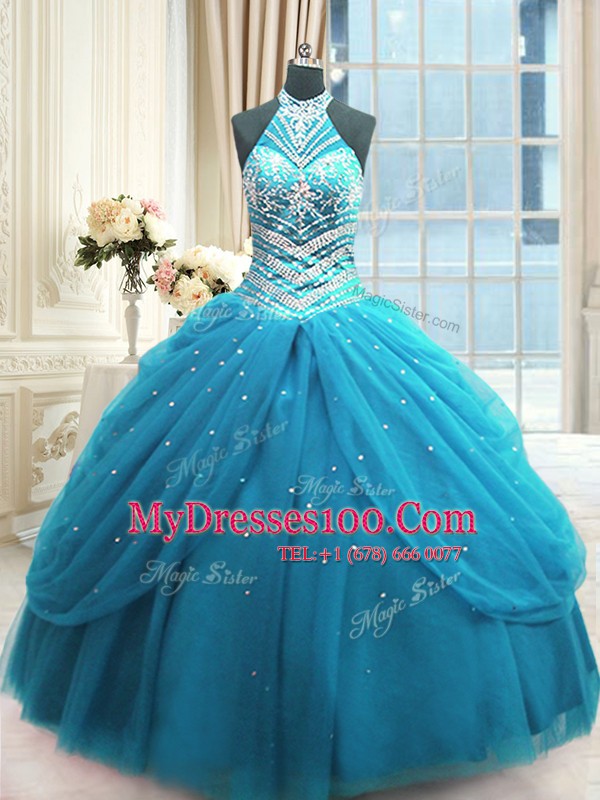 Floor Length Ball Gowns Sleeveless Baby Blue Quinceanera Gowns Lace Up