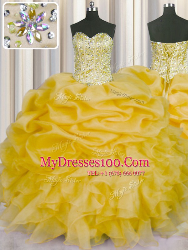 Spectacular Beading and Ruffles and Pick Ups Sweet 16 Dress Gold Lace Up Sleeveless Floor Length
