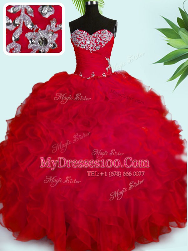 Red Sleeveless Beading and Ruffles Floor Length Sweet 16 Quinceanera Dress