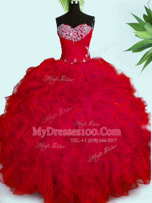 Red Sleeveless Beading and Ruffles Floor Length Sweet 16 Quinceanera Dress
