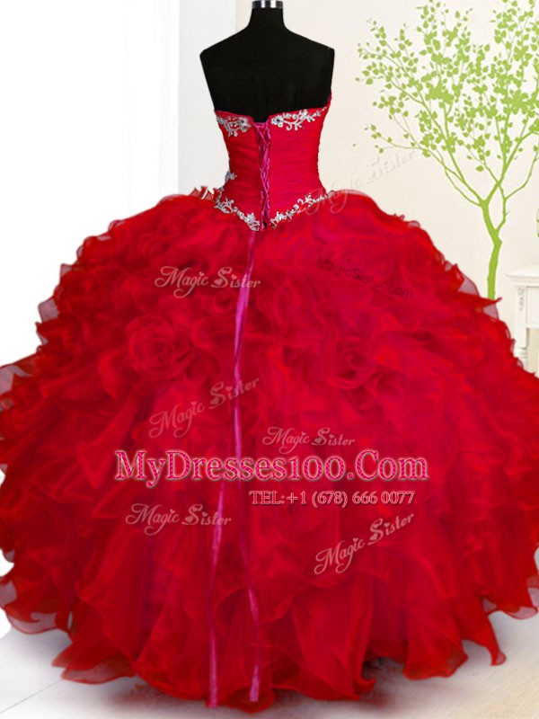 Red Sleeveless Beading and Ruffles Floor Length Sweet 16 Quinceanera Dress