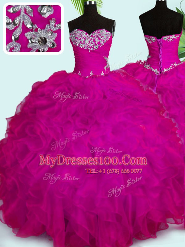 Elegant Floor Length Fuchsia 15th Birthday Dress Sweetheart Sleeveless Lace Up