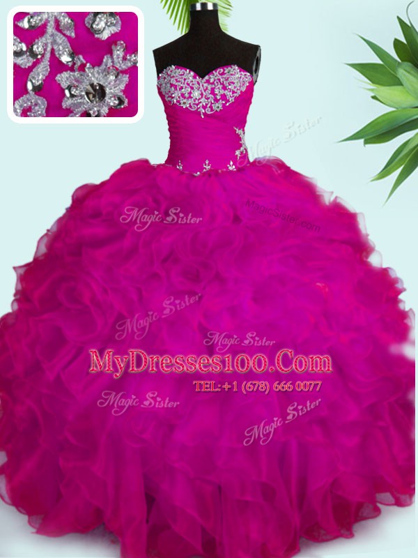 Elegant Floor Length Fuchsia 15th Birthday Dress Sweetheart Sleeveless Lace Up