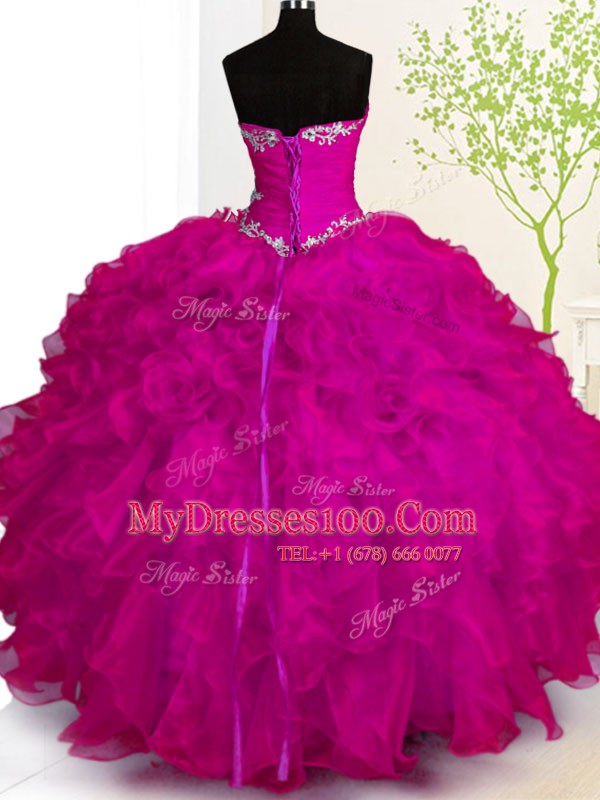 Elegant Floor Length Fuchsia 15th Birthday Dress Sweetheart Sleeveless Lace Up