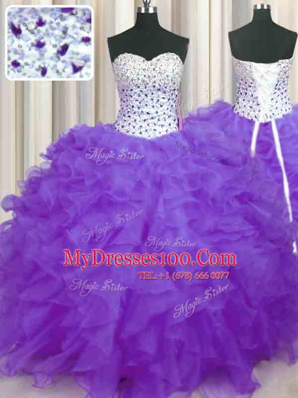 Low Price Lavender Sleeveless Floor Length Beading and Ruffles Lace Up Quinceanera Dresses