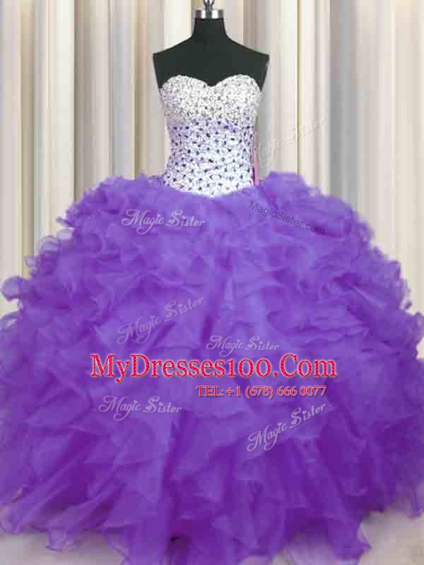 Low Price Lavender Sleeveless Floor Length Beading and Ruffles Lace Up Quinceanera Dresses