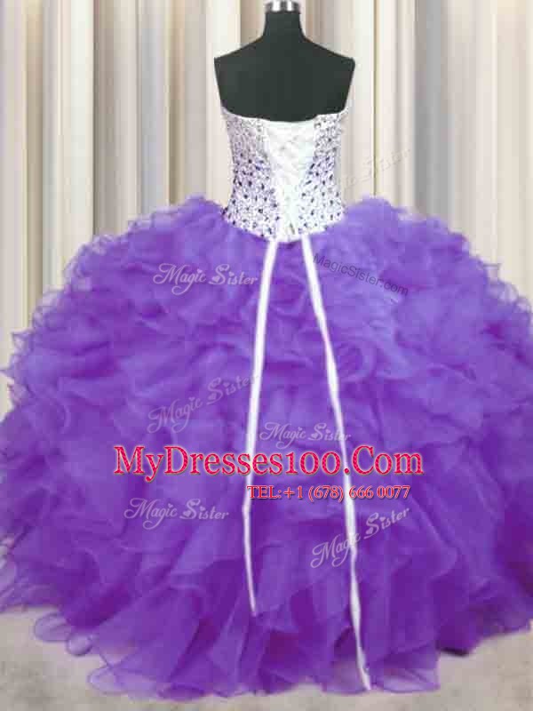 Low Price Lavender Sleeveless Floor Length Beading and Ruffles Lace Up Quinceanera Dresses