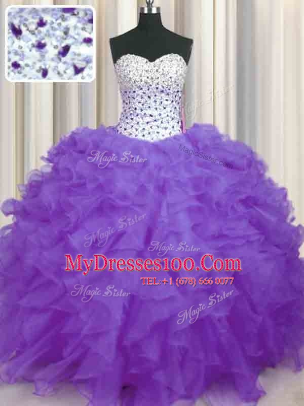 Low Price Lavender Sleeveless Floor Length Beading and Ruffles Lace Up Quinceanera Dresses