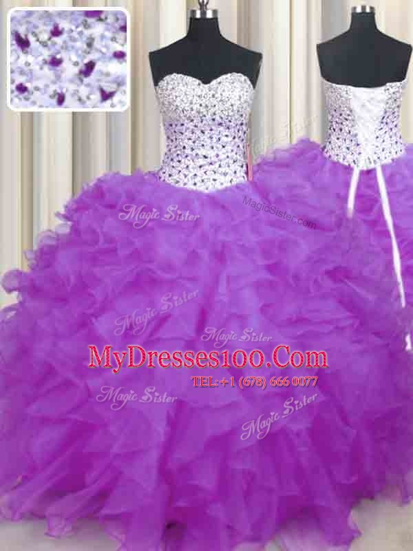 Lilac Organza Lace Up Sweet 16 Dress Sleeveless Floor Length Beading and Ruffles