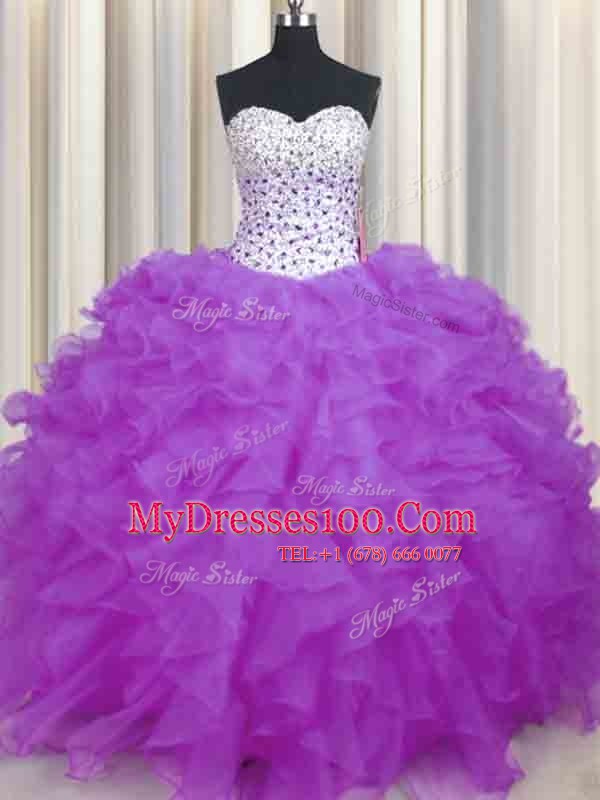 Lilac Organza Lace Up Sweet 16 Dress Sleeveless Floor Length Beading and Ruffles
