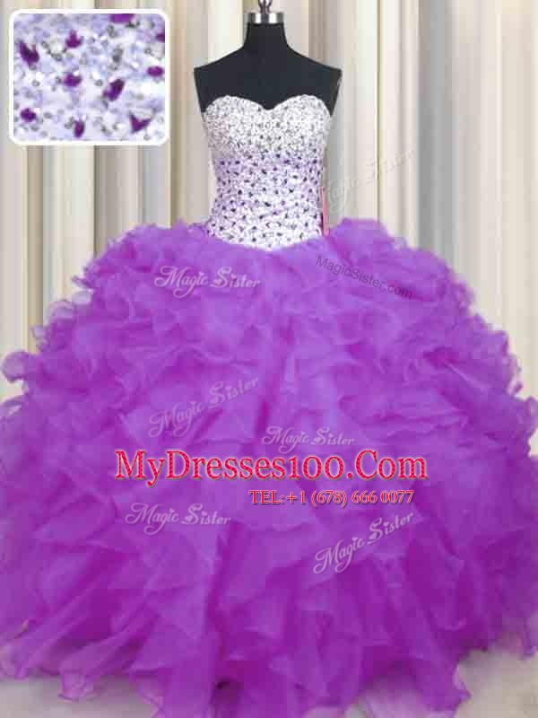 Lilac Organza Lace Up Sweet 16 Dress Sleeveless Floor Length Beading and Ruffles