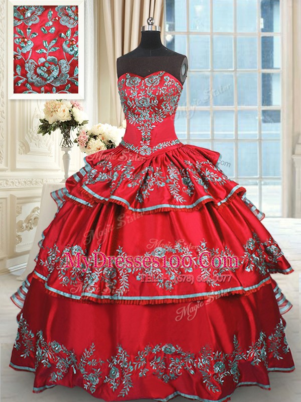 Graceful Taffeta Sweetheart Sleeveless Lace Up Embroidery and Ruffled Layers Quinceanera Gowns in Red