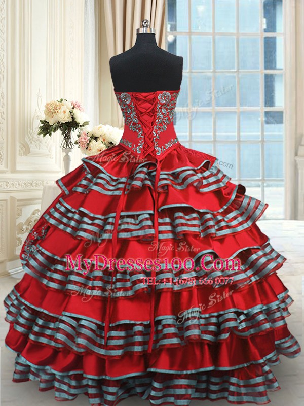 Graceful Taffeta Sweetheart Sleeveless Lace Up Embroidery and Ruffled Layers Quinceanera Gowns in Red