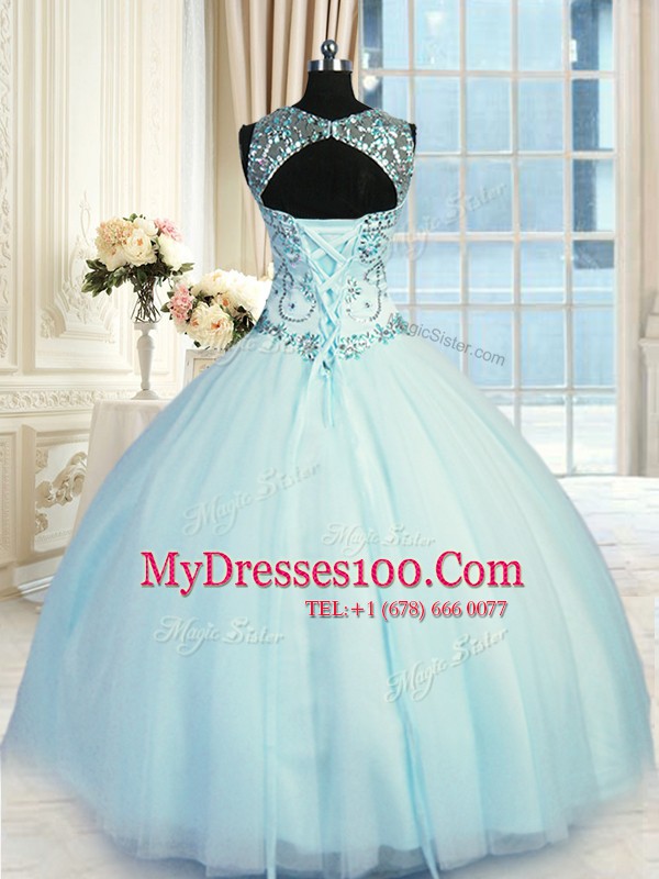 Fancy Light Blue Scoop Neckline Beading 15 Quinceanera Dress Sleeveless Lace Up