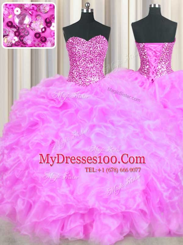 Sweetheart Sleeveless Quince Ball Gowns Floor Length Beading and Ruffles Lilac Organza